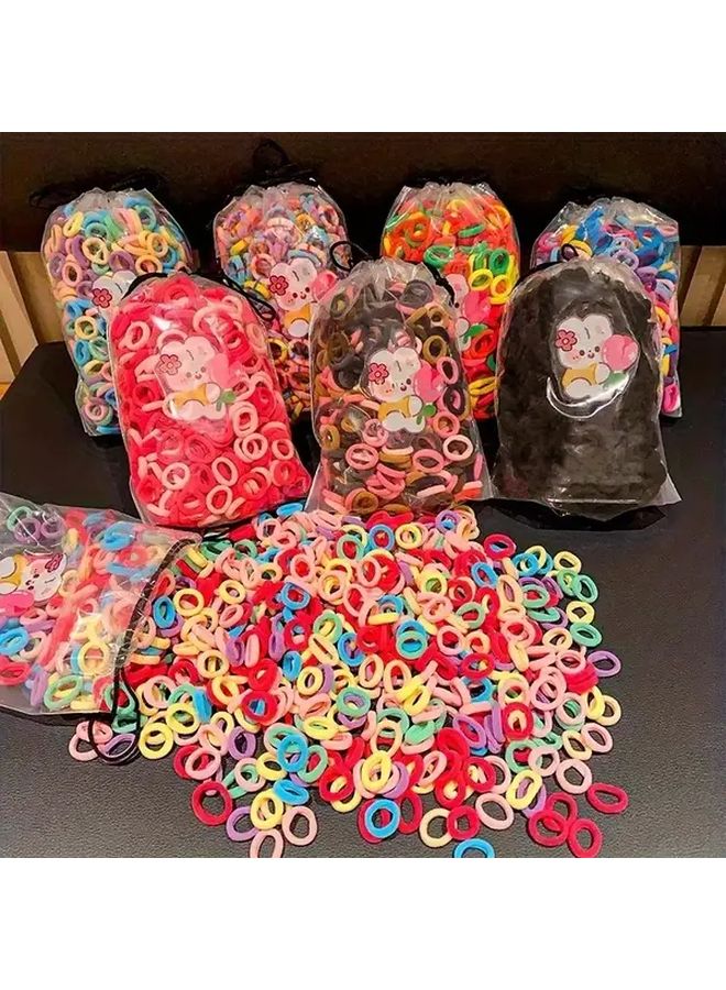 300pcs Bright Pink Soft Fufu Hair Ties Durable Seamless Elastic Headbands with Cartoon Bag - Image 1